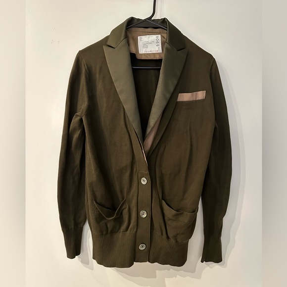 SACAI Layered Army Green Cardigan Mixed Media - Picture 1 of 5